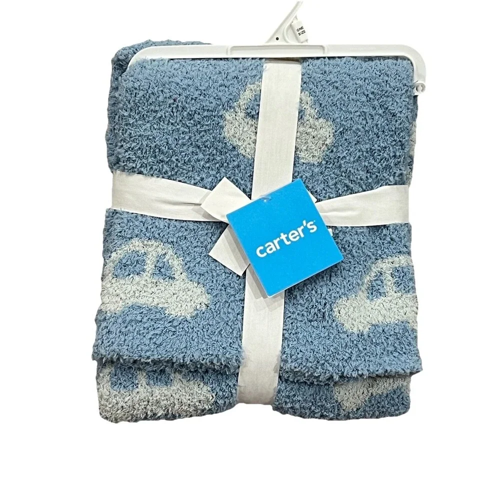 Carter’s Reversible Blue Car Print Stroller Baby Blanket Lightweight Super Soft